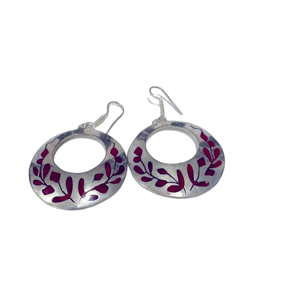 Sterling silver earrings with red enamel inlay. Hook backs. VGUC.